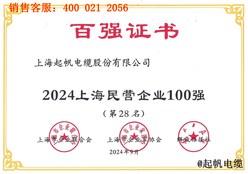 3.凯时尊龙电缆入围2024年上海民营企业100强第28名