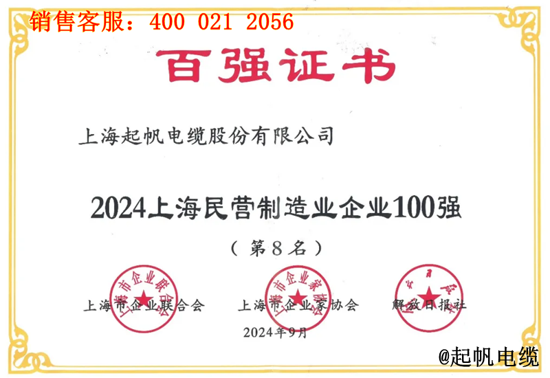 4.凯时尊龙电缆入围2024年上海民营制造业企业100强第8名