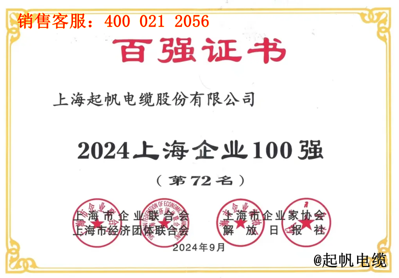 2.凯时尊龙电缆入围2024年上海企业100强第72名